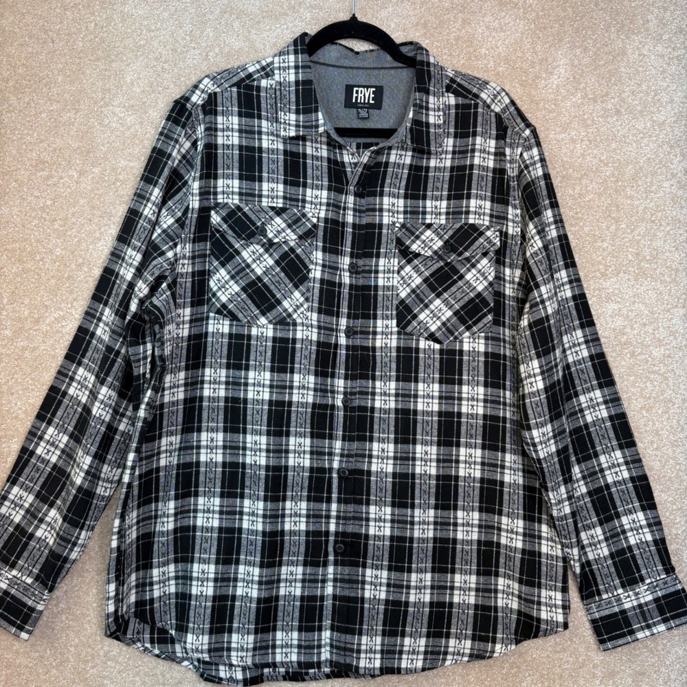 FRYE Button Down Shirt Men's XL Black White Plaid Long Sleeve Flannel Workwear